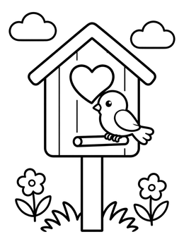 Free printable Birdhouse With Heart Opening And Cute Bird coloring page