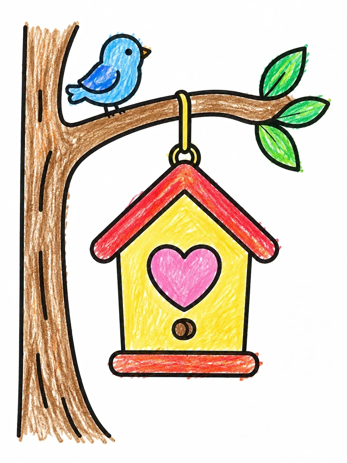 Colored example of the Birdhouse With Heart On Tree Branch coloring page