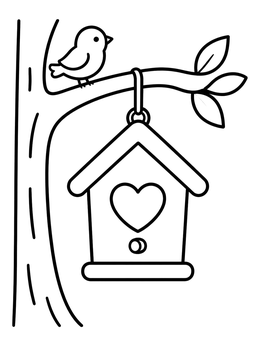 Free printable Birdhouse With Heart On Tree Branch coloring page
