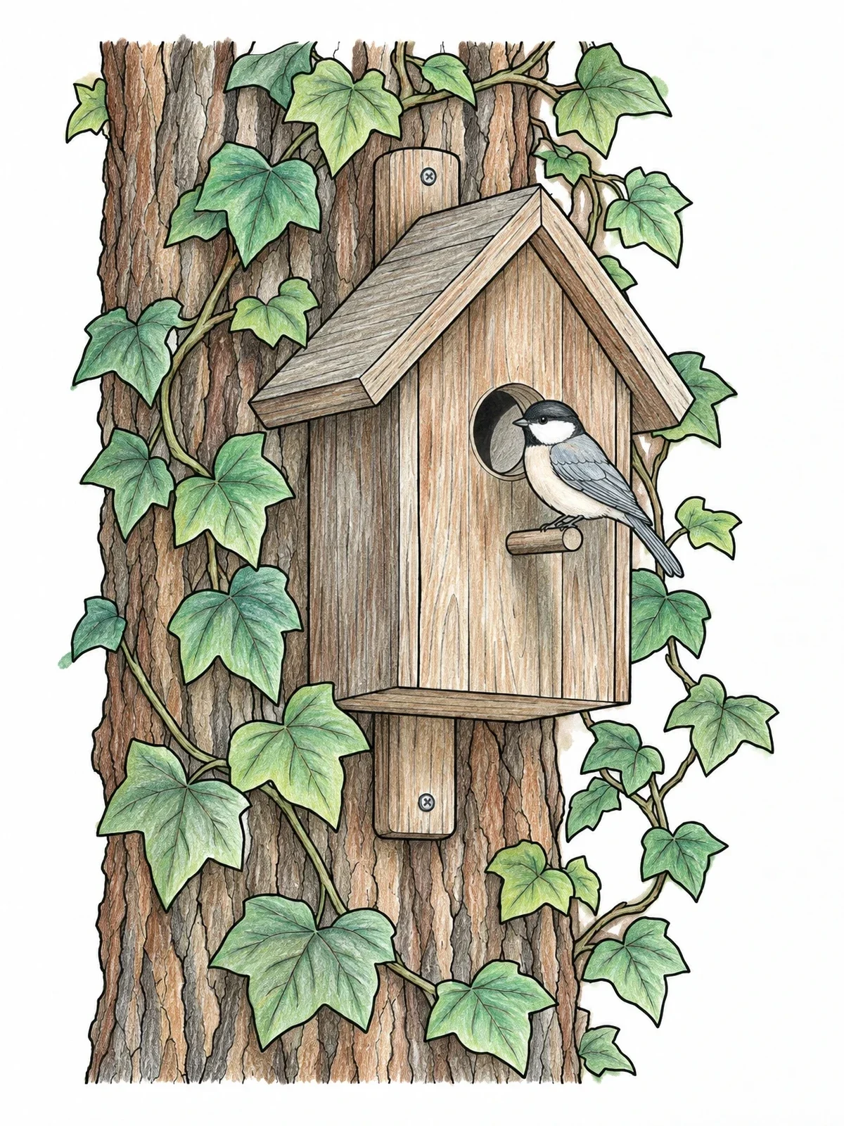Colored example of the Birdhouse On Tree With Ivy coloring page