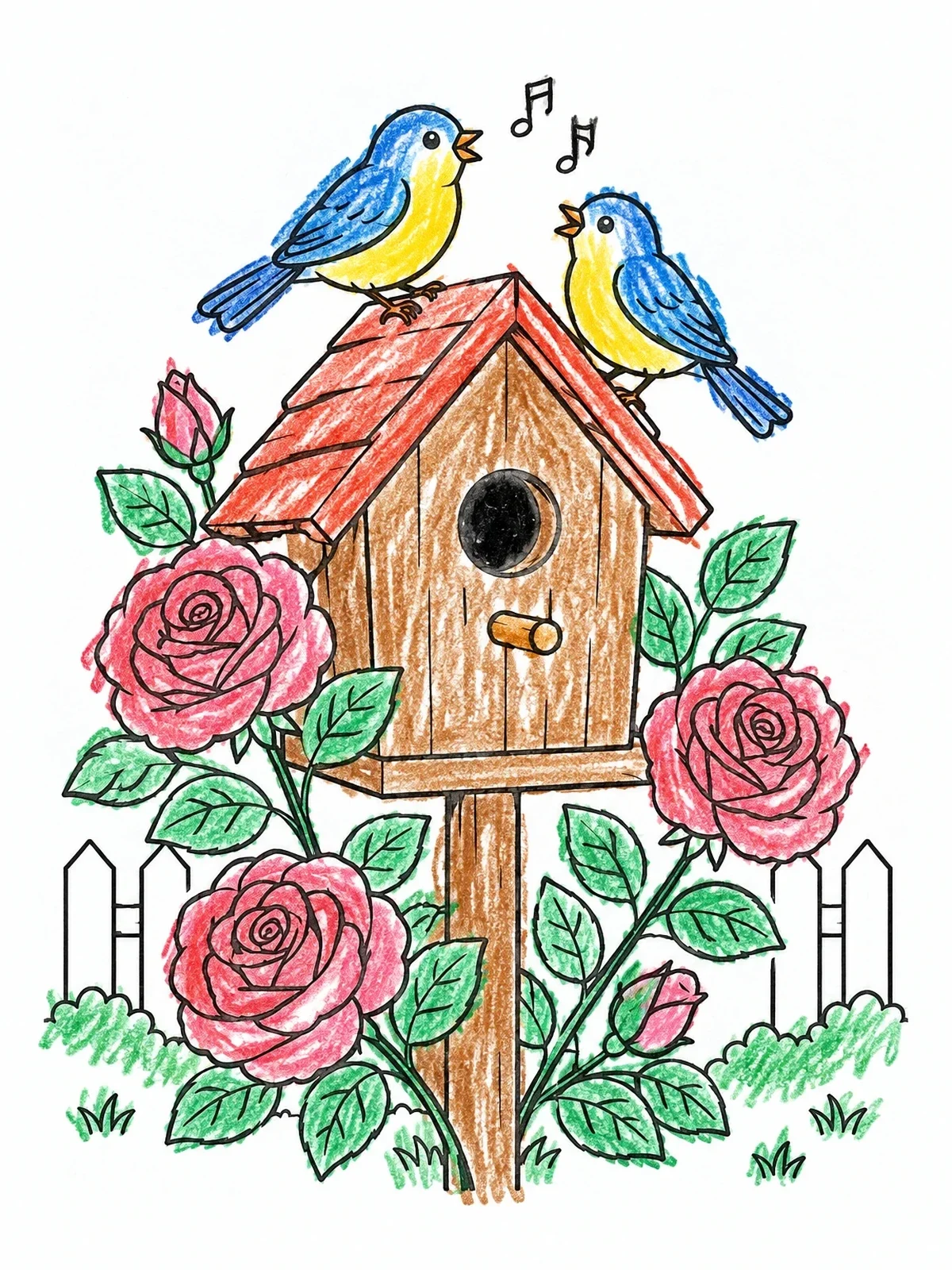 Colored example of the Singing Birds On Garden Birdhouse coloring page