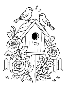 Free printable Singing Birds On Garden Birdhouse coloring page
