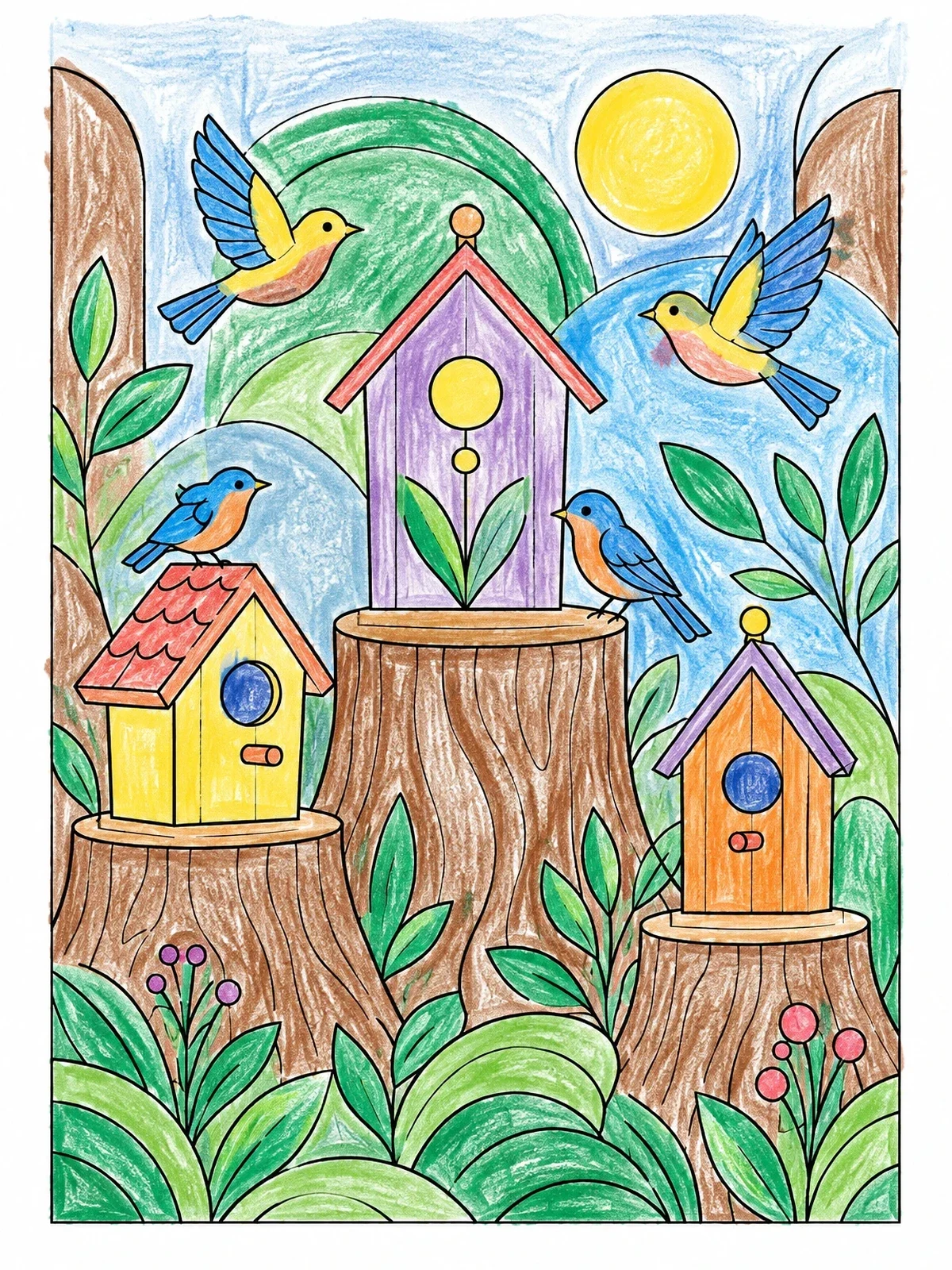 Colored example of the Birdhouse Village On Tree Stumps coloring page