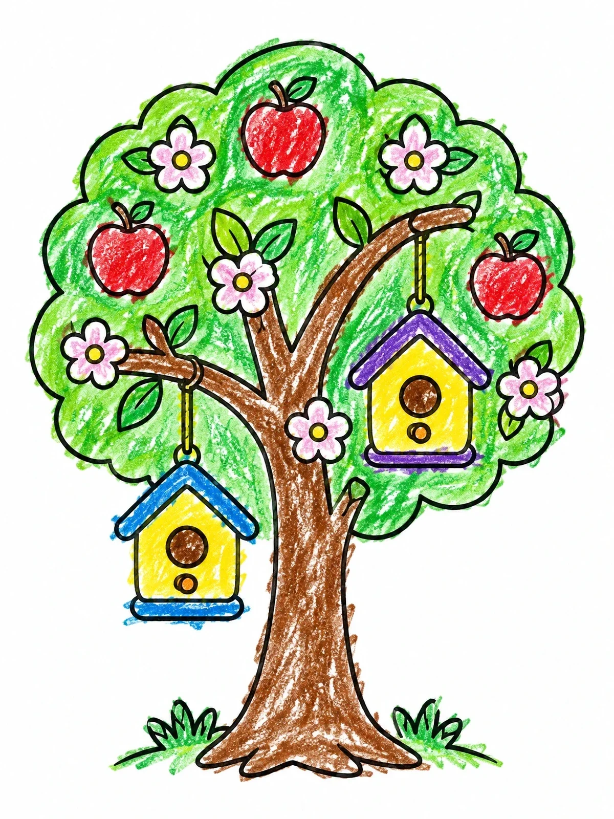 Colored example of the Birdhouses On An Apple Tree coloring page