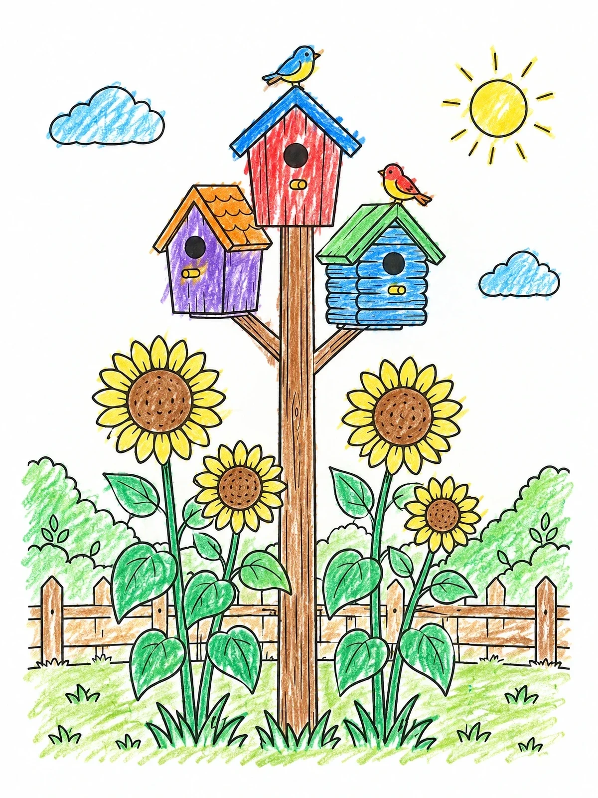 Colored example of the Birdhouses And Sunflowers In The Garden coloring page