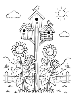 Free printable Birdhouses And Sunflowers In The Garden coloring page