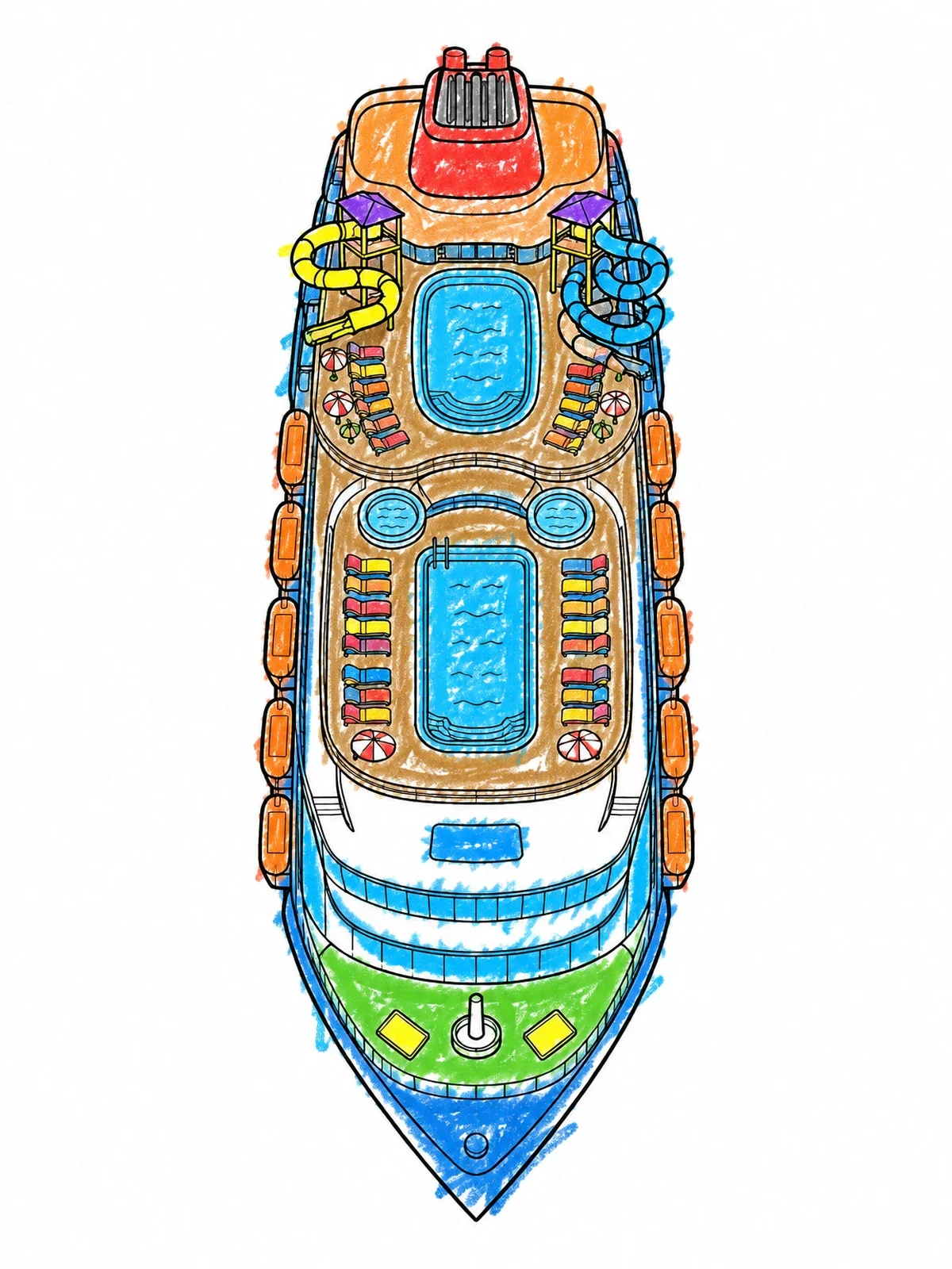 Colored example of the Bird's Eye View Of Cruise Ship Decks coloring page