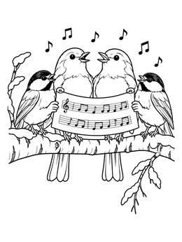 A sweet choir of little birds perched on a winter branch in this christmas carolers coloring page.