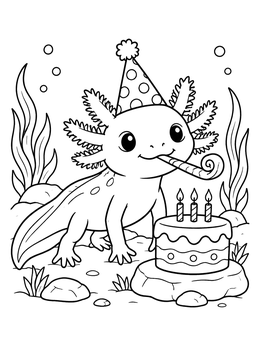 A cheerful birthday axolotl coloring page with a party hat, noisemaker, and cake underwater.