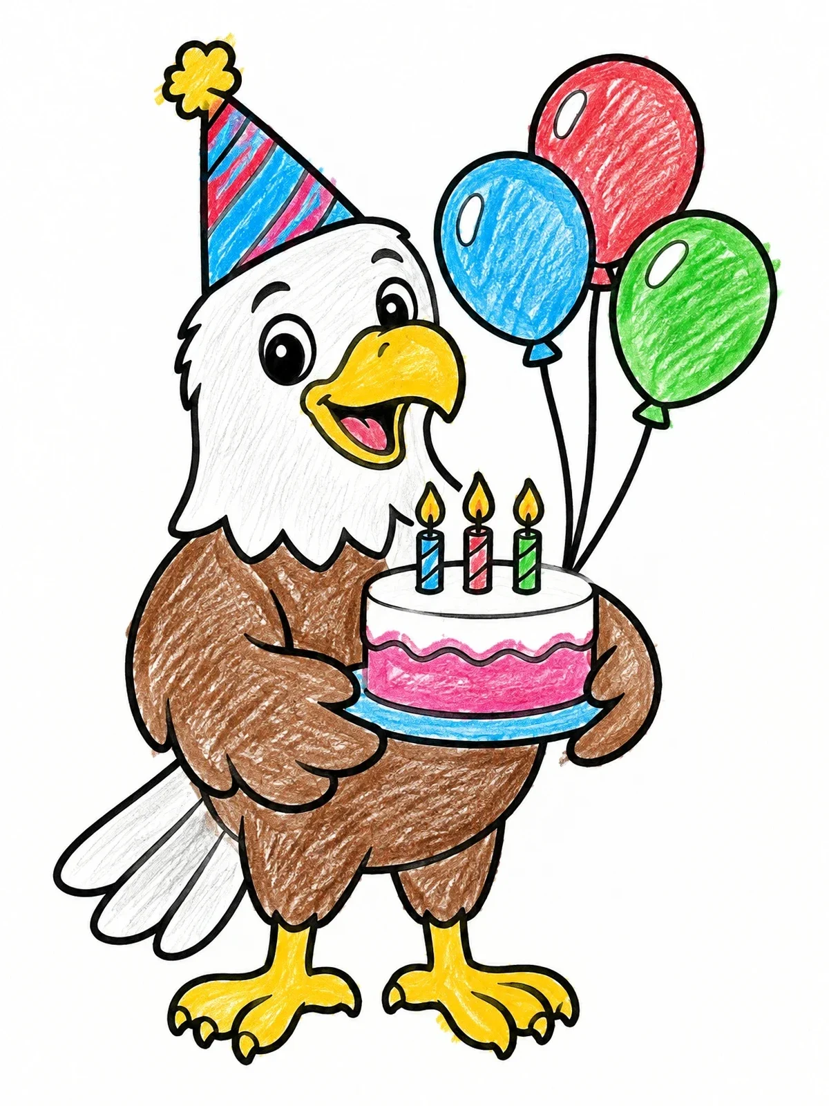 Colored example of the Birthday Bald Eagle With Cake coloring page