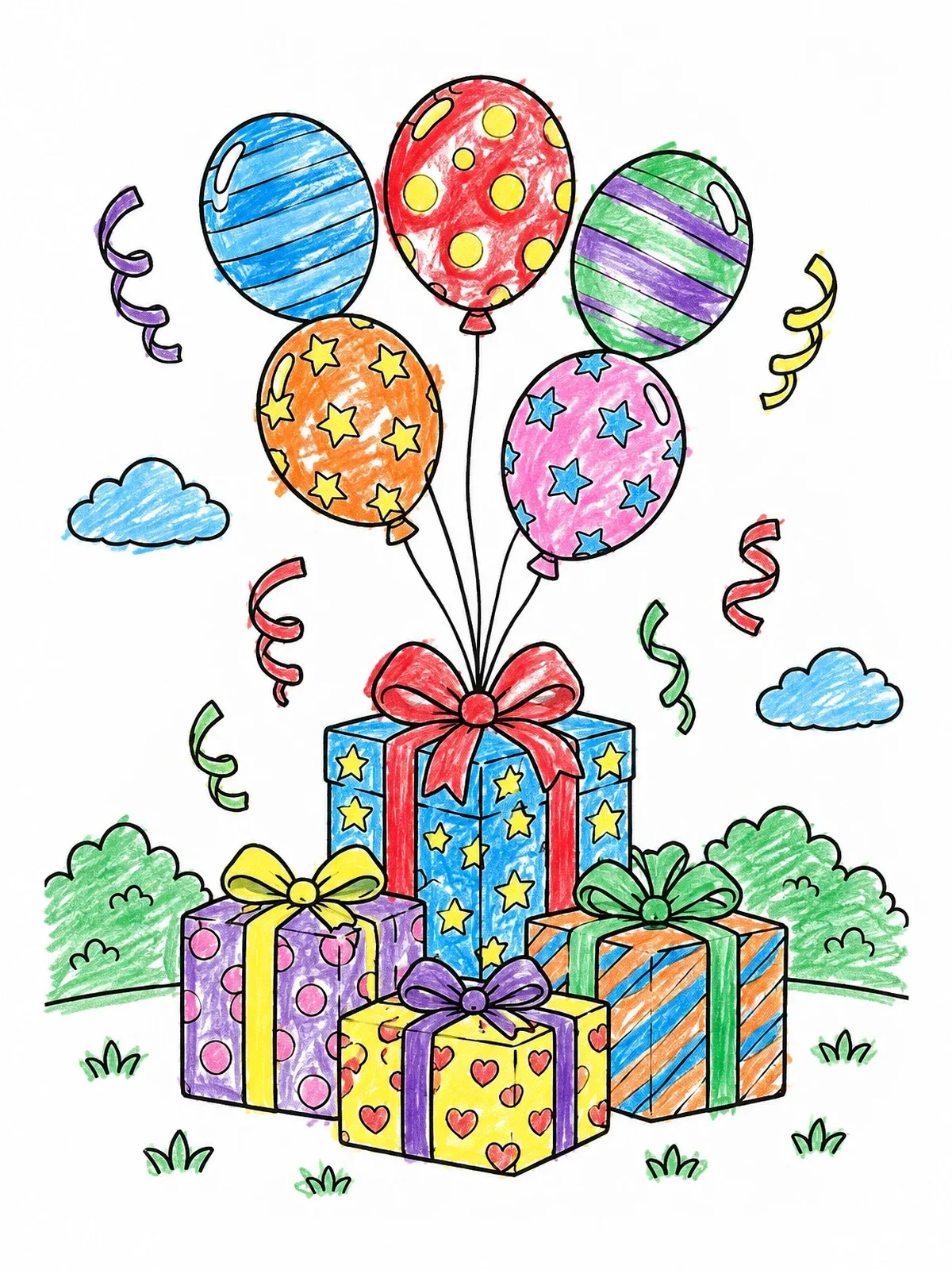 Colored example of the Birthday Presents And Floating Balloons coloring page