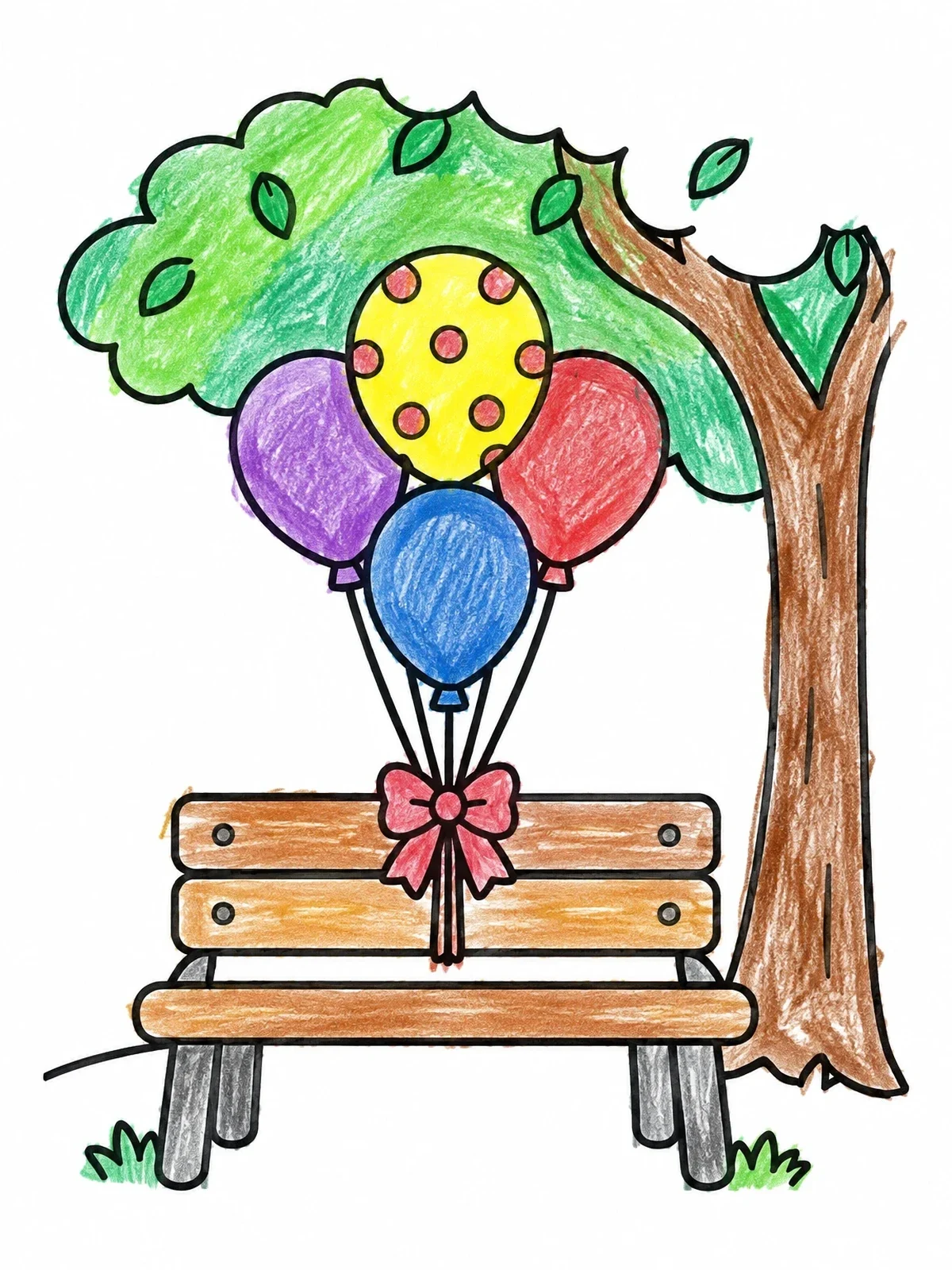 Colored example of the Balloons On A Park Bench coloring page