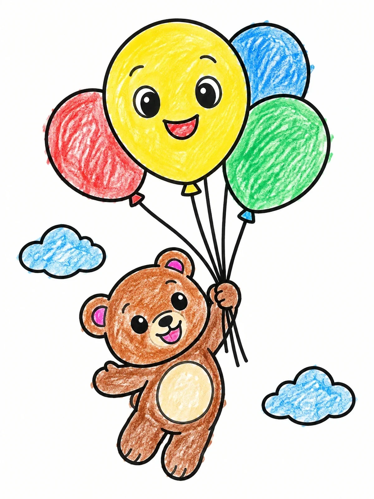 Colored example of the Teddy Bear Flying With Balloons coloring page