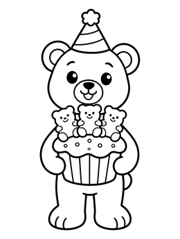 A cute bear coloring page showing a teddy in a party hat holding a cupcake topped with tiny gummy bears.