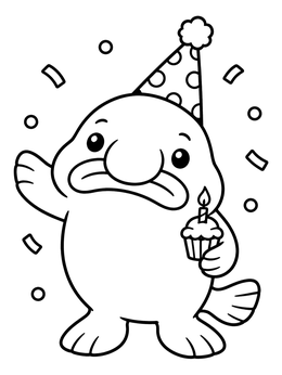 A cheerful cartoon blobfish coloring page holding a birthday cupcake with confetti around.
