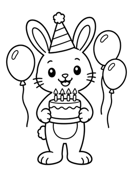 A cheerful bunny coloring page featuring a rabbit holding a birthday cake with balloons.