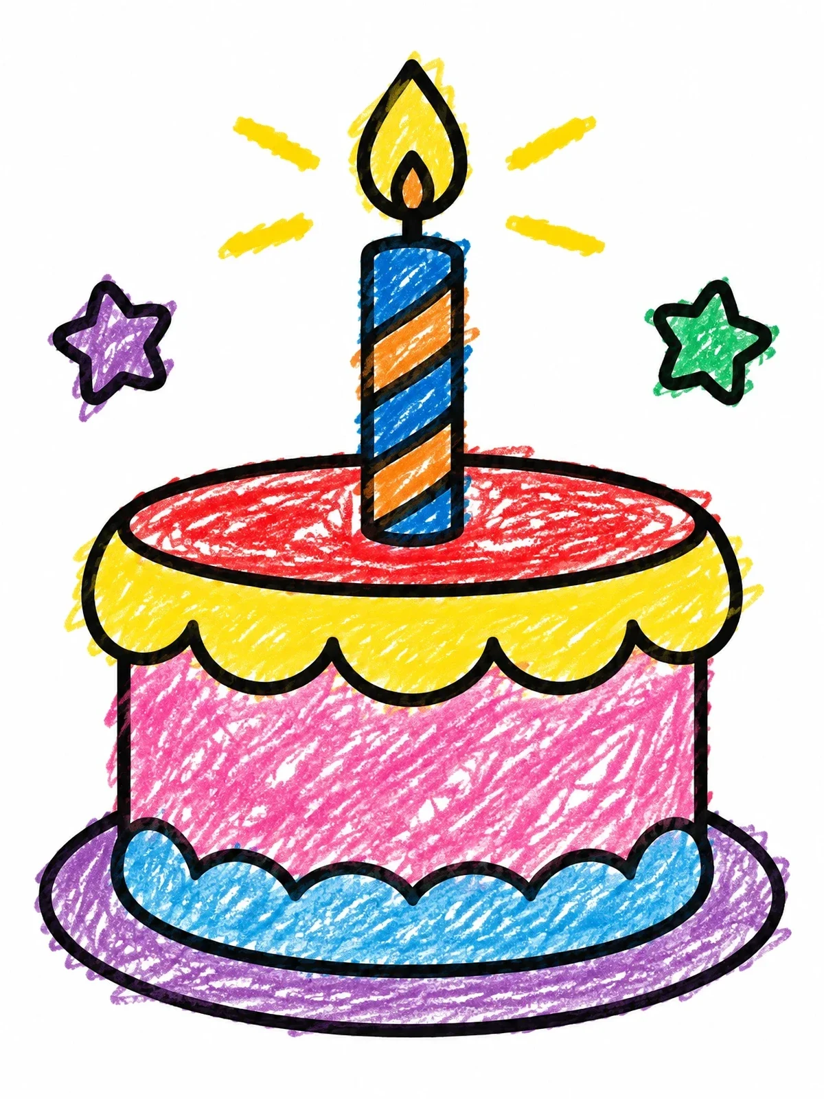Colored example of the Birthday Cake With Candle And Stars coloring page