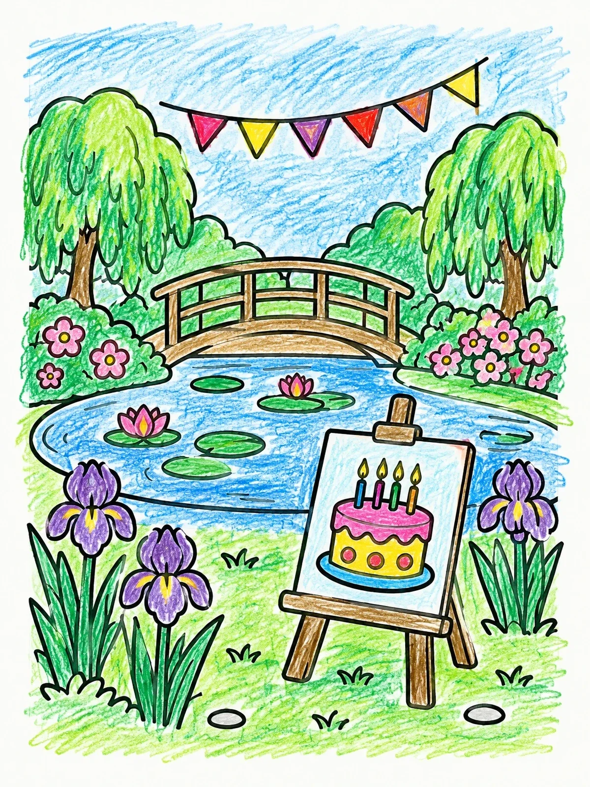 Colored example of the Birthday Celebration In Monet's Garden coloring page