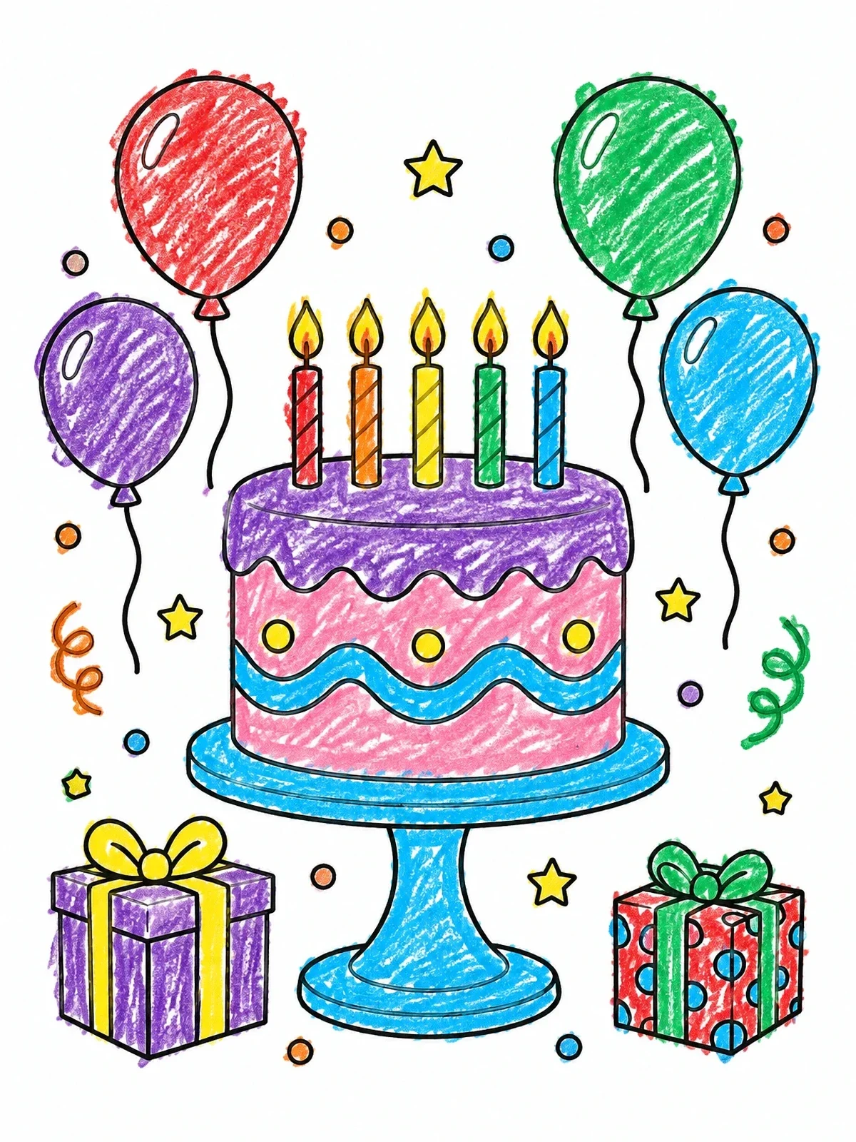 Colored example of the Birthday Cake With Floating Balloons coloring page