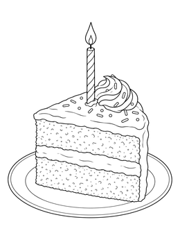 A delicious slice of cake on a plate in this birthday candles coloring page.