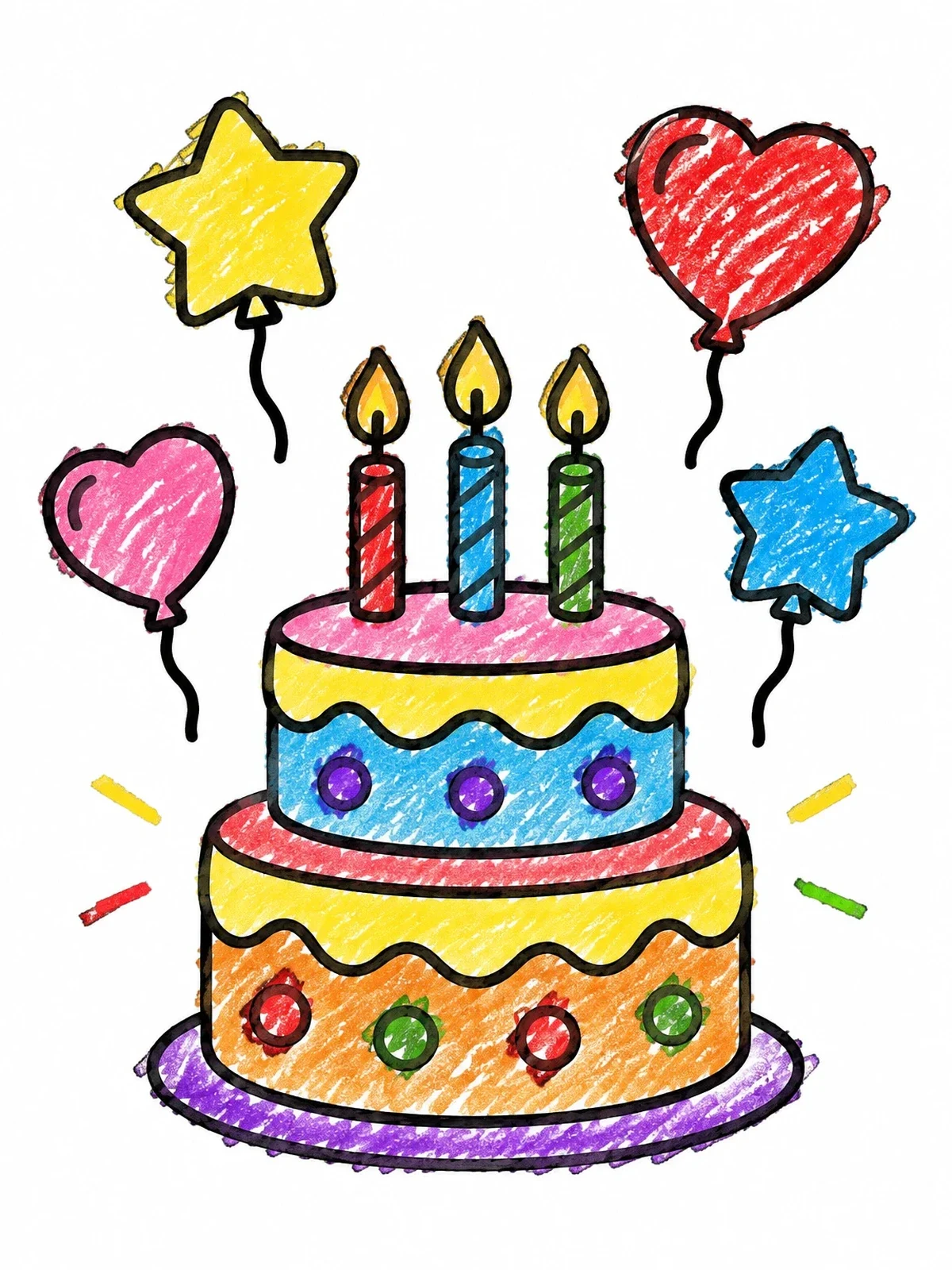 Colored example of the Birthday Cake With Floating Party Balloons coloring page