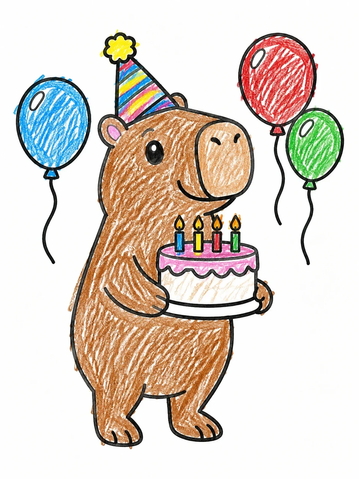 Colored example of the Birthday Capybara With Cake And Balloons coloring page