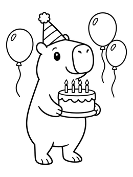 A festive capybara coloring page showing a party hat, birthday cake, and balloons.