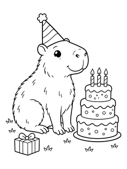 A cheerful capybara coloring page with a party hat, birthday cake, and gift.