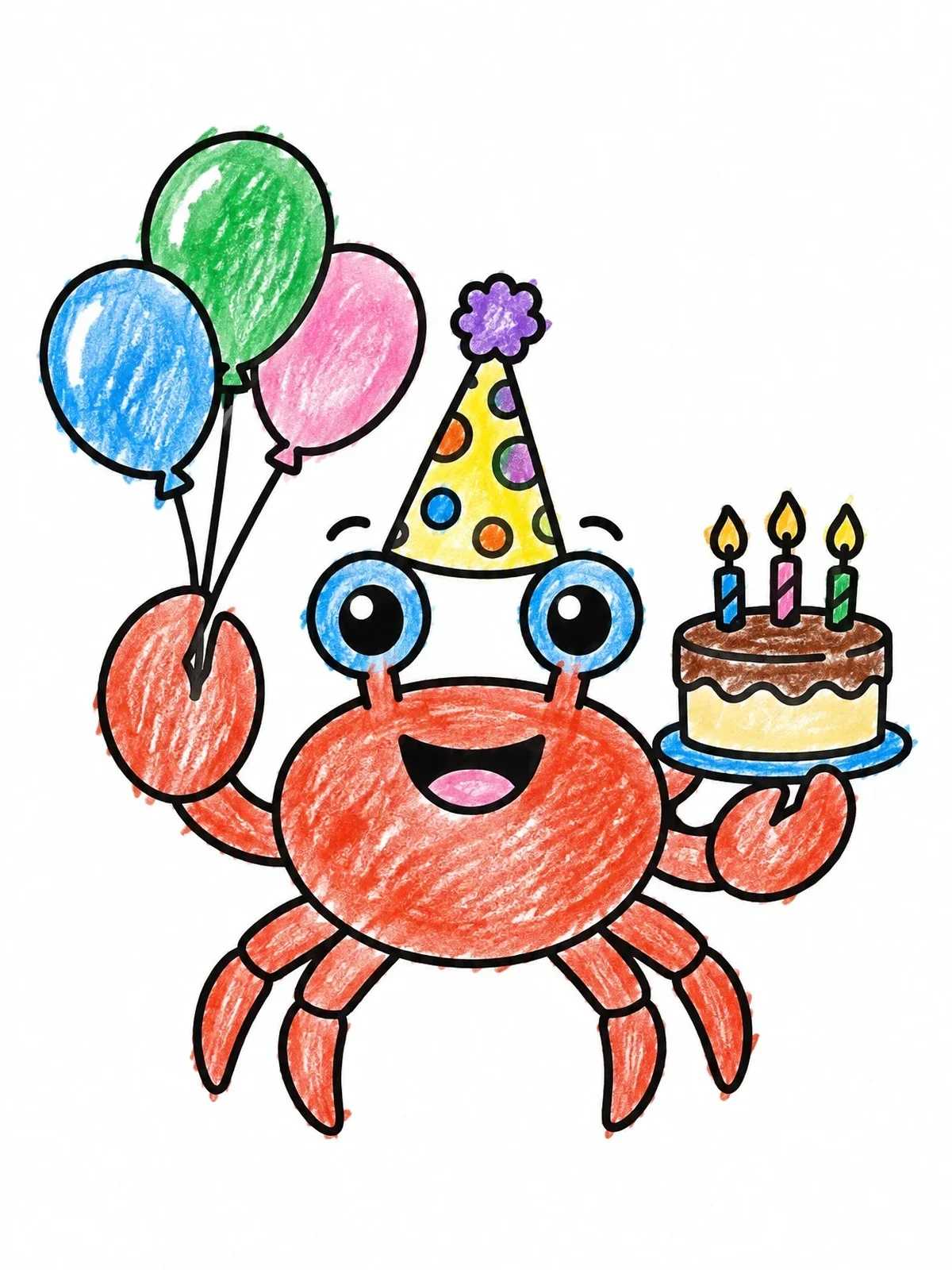 Colored example of the Birthday Crab With Cake And Balloons coloring page