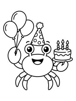A cheerful crab coloring page featuring a party hat, birthday cake, and balloons.