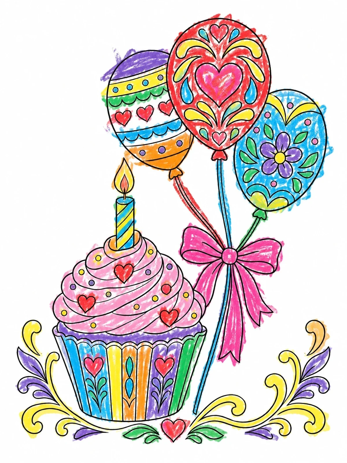 Colored example of the Birthday Cupcake And Patterned Balloons coloring page
