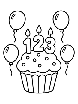 A festive cupcake coloring page featuring birthday candles with numbers 1, 2, and 3 plus floating party balloons.