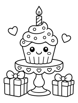 A cheerful cupcake coloring page with a lit candle, cake stand, and wrapped birthday presents.
