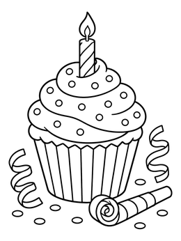 A festive cupcake coloring page featuring a birthday candle, party blower, and confetti ribbons.