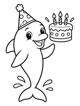 A cheerful dolphin coloring page featuring a dolphin in a party hat holding a birthday cake.