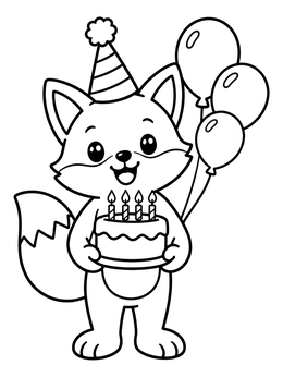 A cheerful birthday fox coloring page holding a cake with lit candles and party balloons.