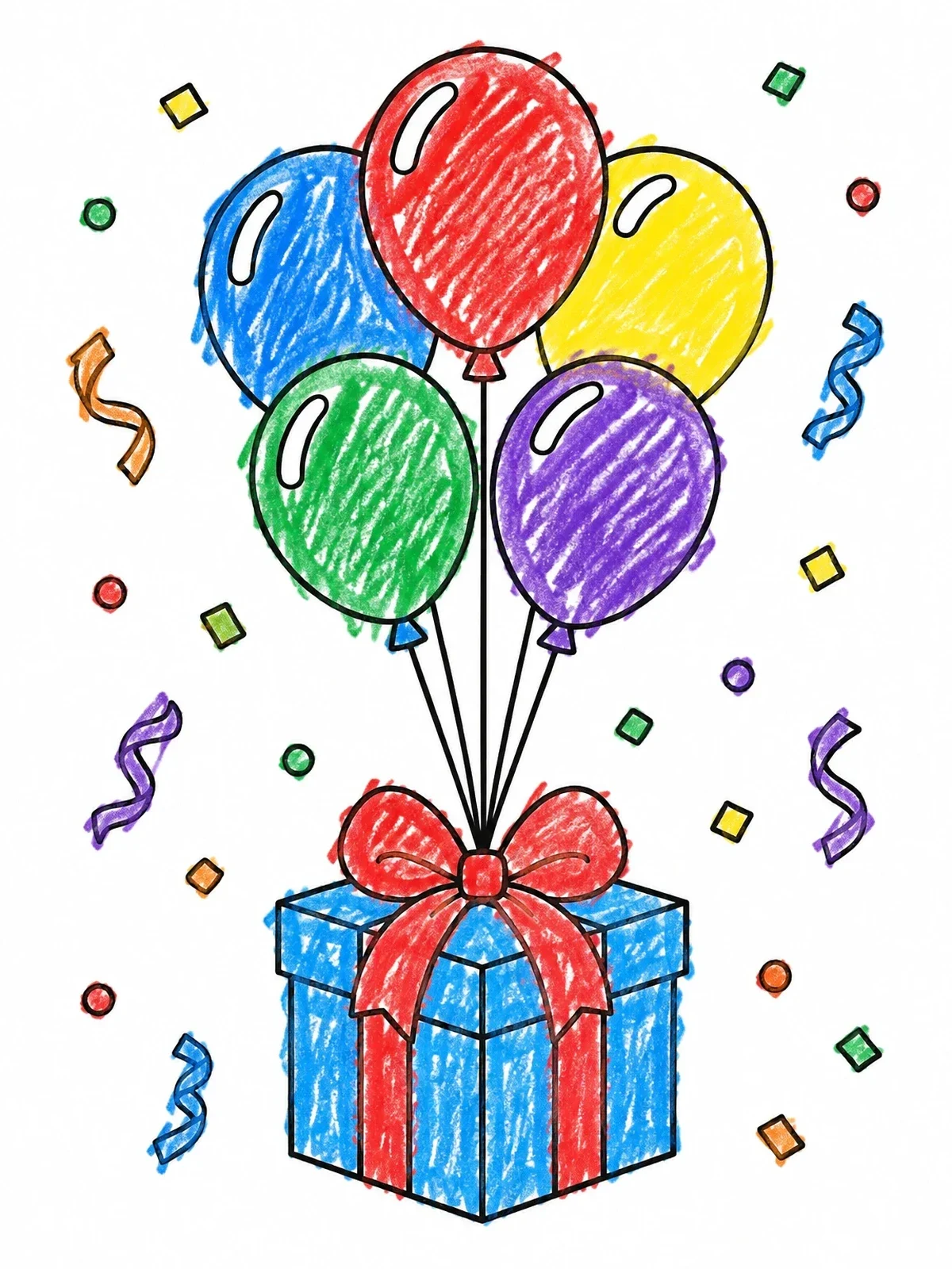 Colored example of the Birthday Gift With Floating Balloons coloring page