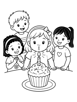 Free printable Birthday Girl Blowing Out Cupcake Candle coloring page