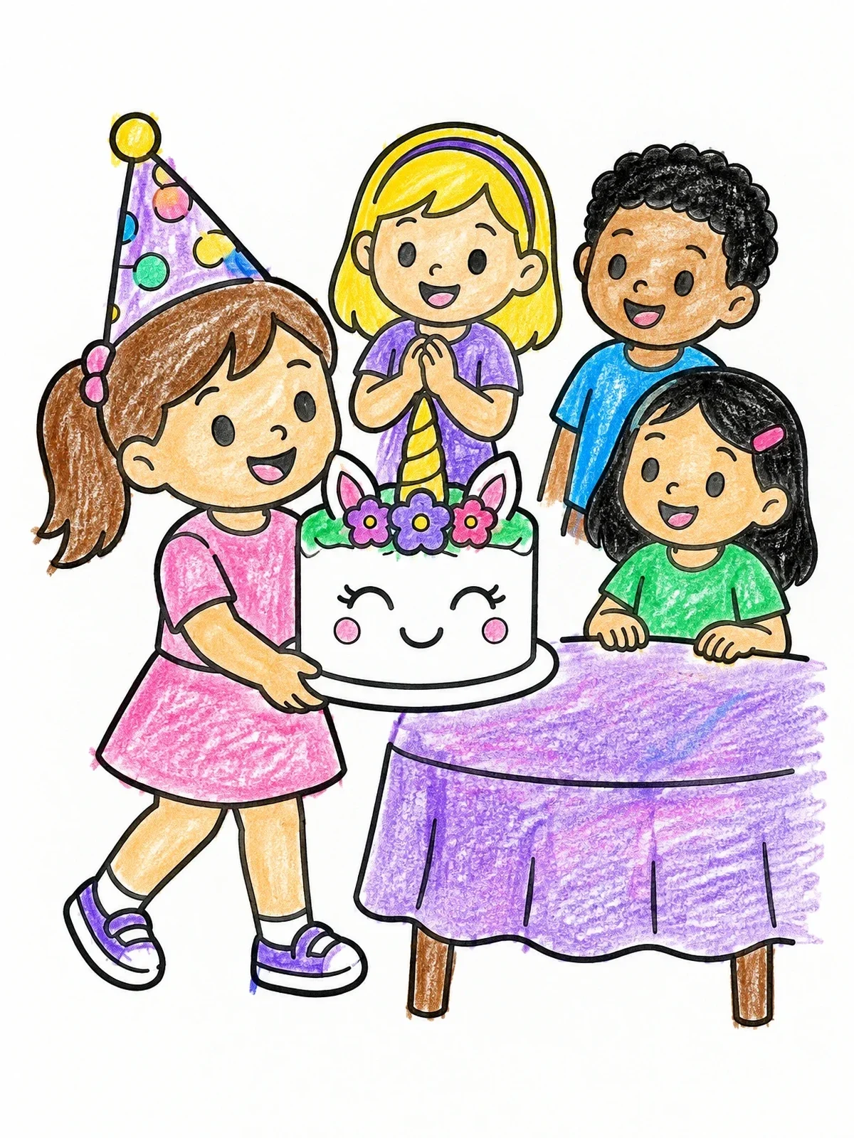 Colored example of the Birthday Girl Carrying Unicorn Cake coloring page