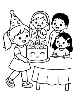 A happy girl in a unicorn cake coloring page brings dessert to her friends at a party.