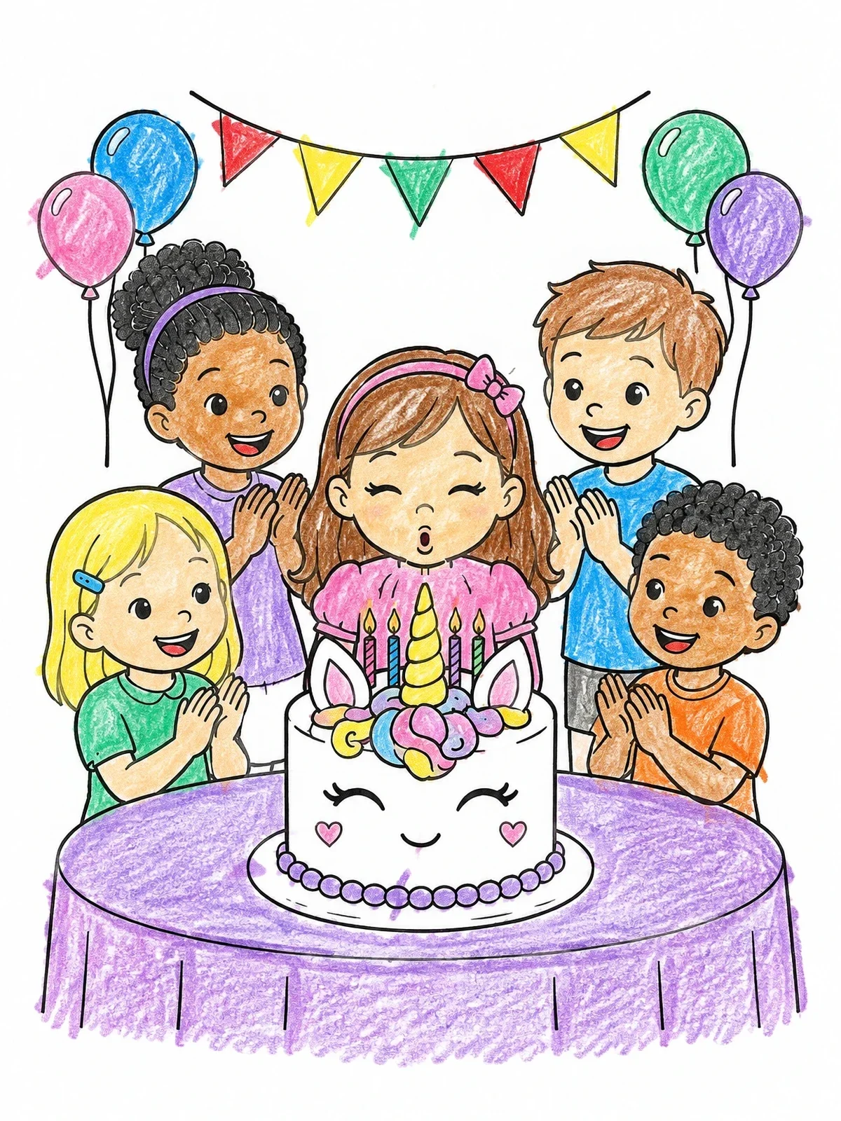 Colored example of the Birthday Girl Blowing Unicorn Cake Candles coloring page