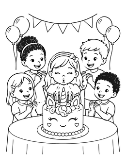 Free printable Birthday Girl Blowing Unicorn Cake Candles coloring page