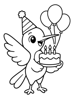 A happy bird coloring page showing a hummingbird holding a birthday cake with candles.