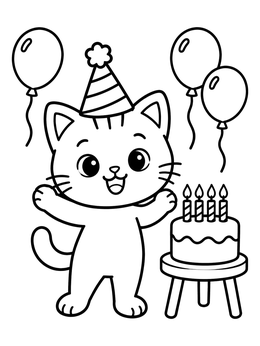 A cheerful kitten coloring page featuring a birthday party with cake and balloons.