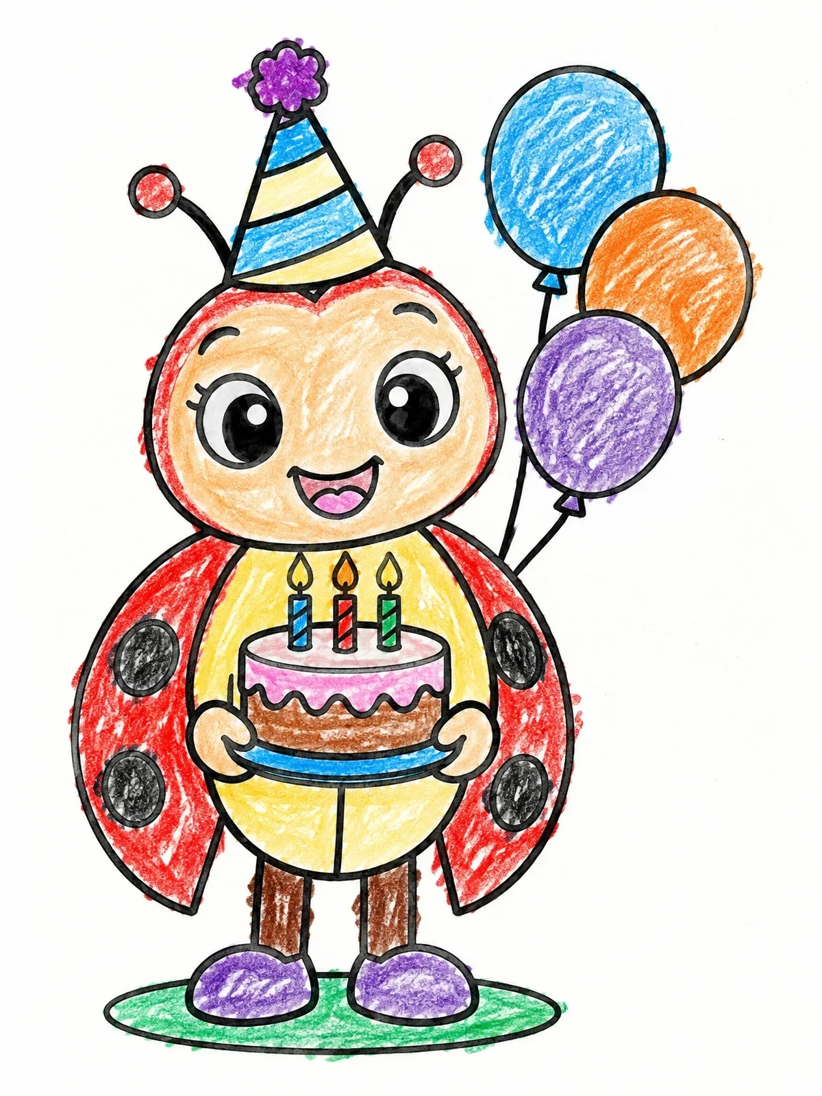 Colored example of the Birthday Ladybug With Cake And Balloons coloring page