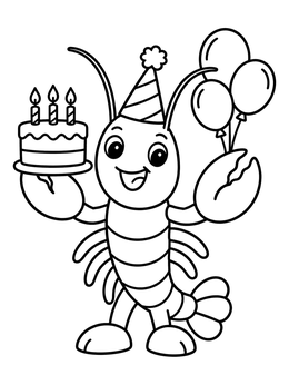 A happy cartoon lobster coloring page celebrating with a birthday cake, balloons, and a party hat.