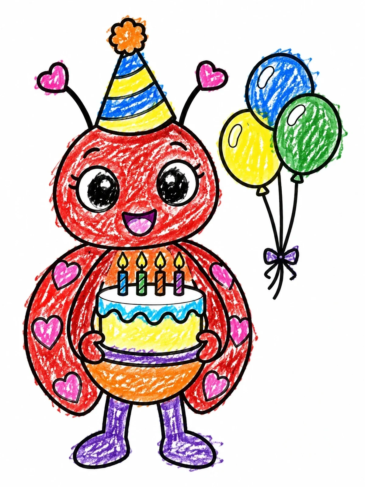 Colored example of the Birthday Love Bug With Cake coloring page