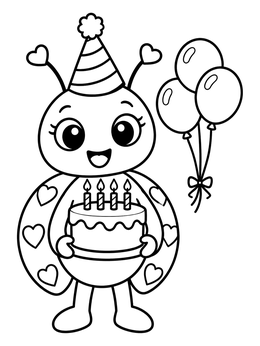 A cheerful love bug coloring page featuring a birthday cake, party hat, and balloons.