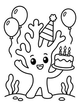 A cheerful coral coloring page featuring a party hat, birthday cake, and floating balloons.