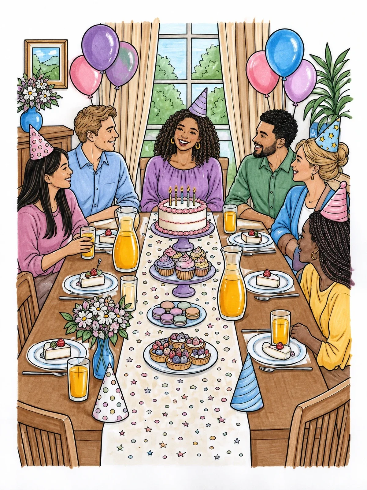 Colored example of the Birthday Party At The Dining Table coloring page